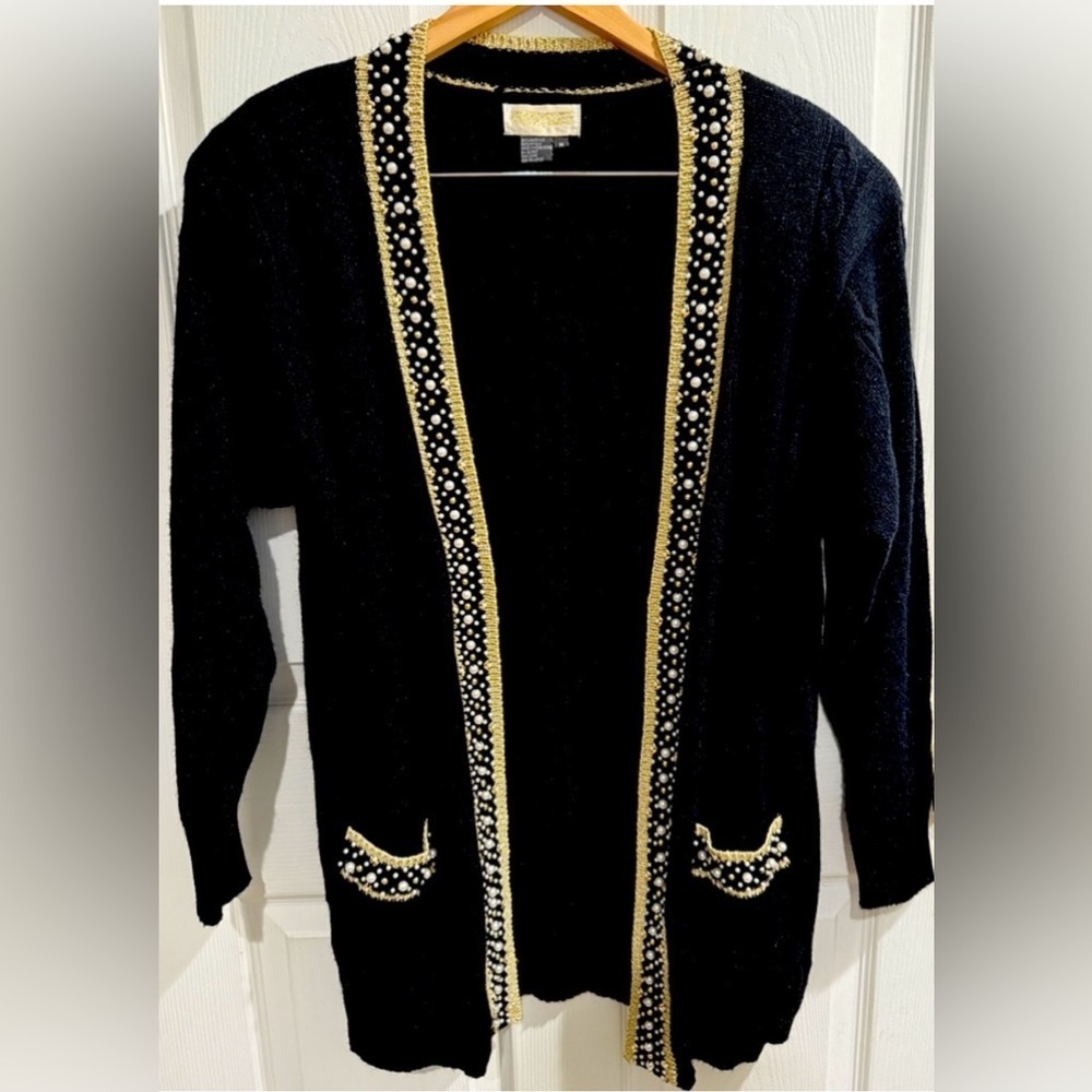 VTG Black Gold  Cardigan Sweater Metallic Pearl Rhinestone Embellishments